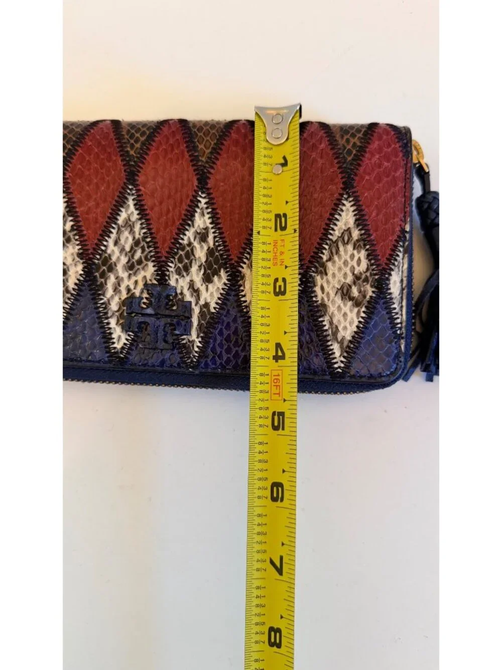 Tory Burch Taylor Zip Continental Wallet Snake-Embossed Leather Harlequin Tassel